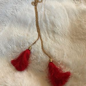 Long red tassel gold necklace